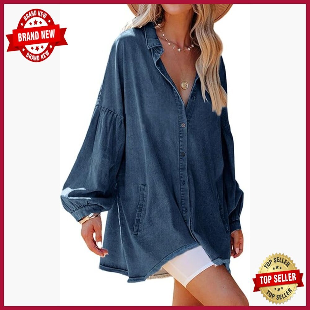 Oversized Distressed Denim Tunic Dress with Pockets Lantern Sleeves